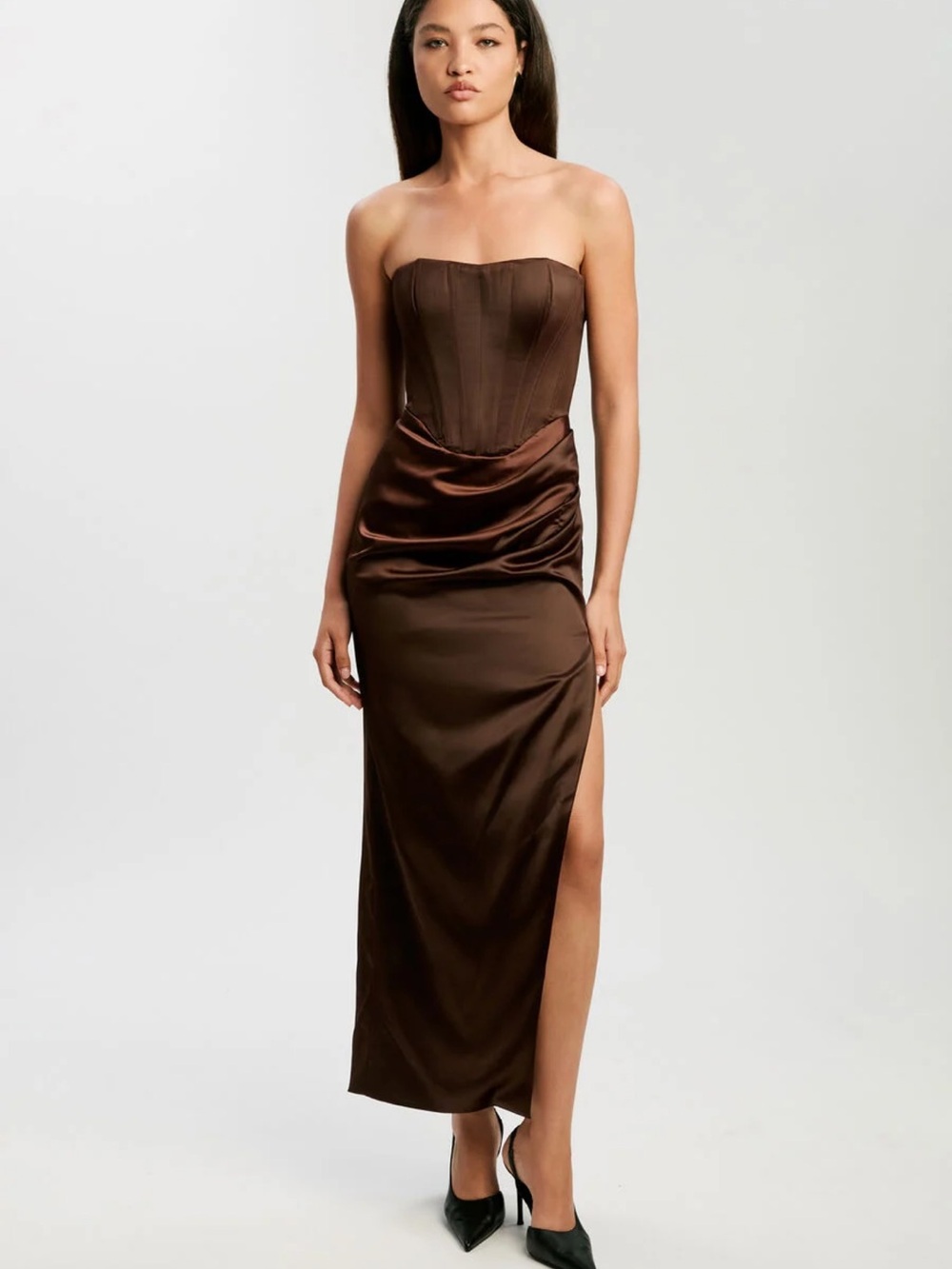 Bardot Strapless Chocolate Satin Corset Gown